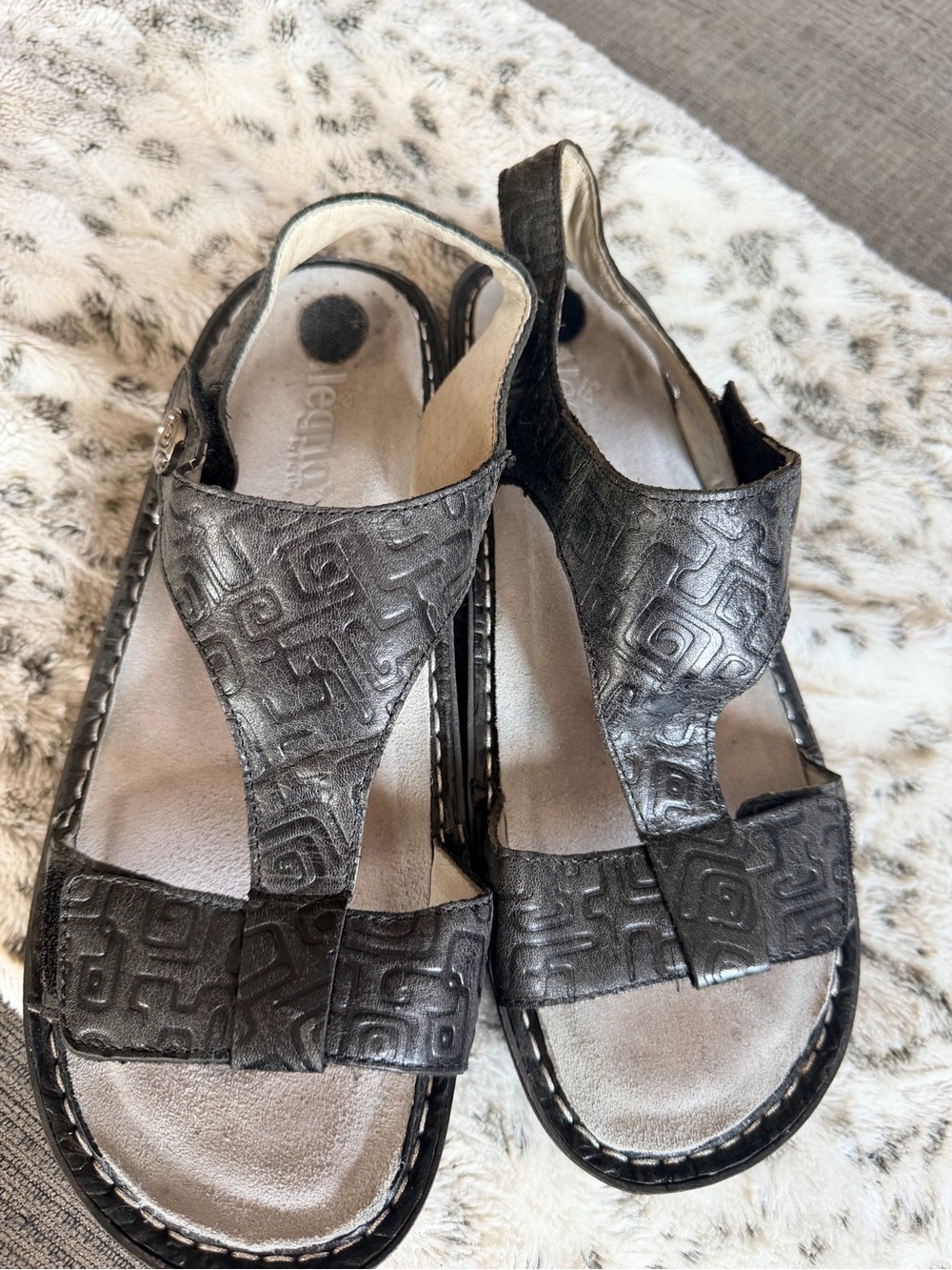 Alegria Black Patterned Leather T-Strap Sandals